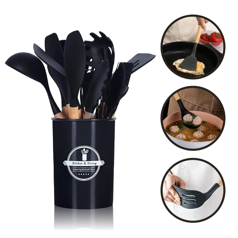 Conjunto de Utensílios de Cozinha com 12 Peças – Silicone Antiaderente e Cabo de Madeira