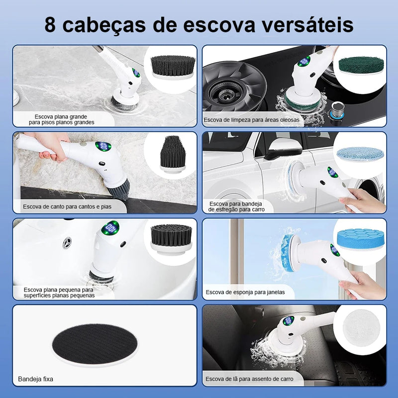 Escova Elétrica 8 em 1 Multifuncional – Limpeza Eficiente para Toda a Casa